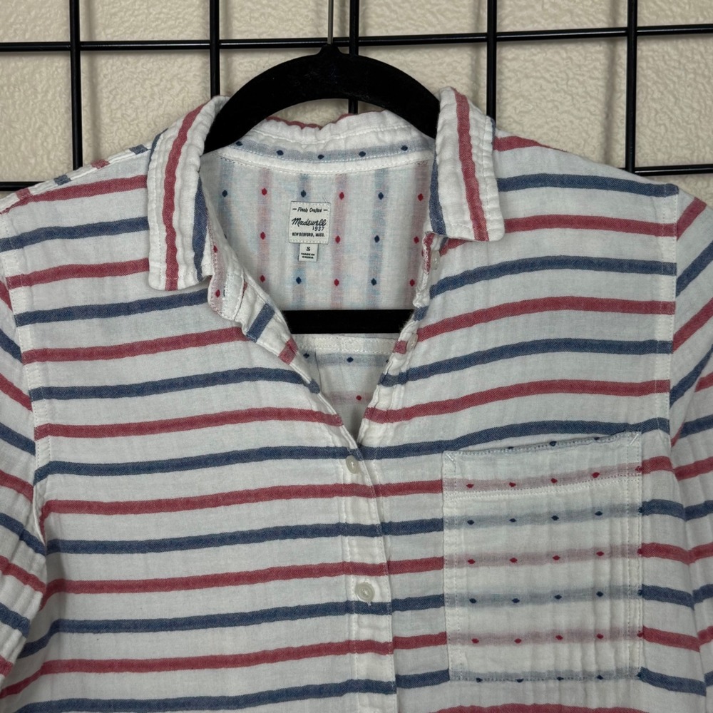 Madewell Button Up Shirt Womens Small White Red Blue Striped Double Gauze Cadual